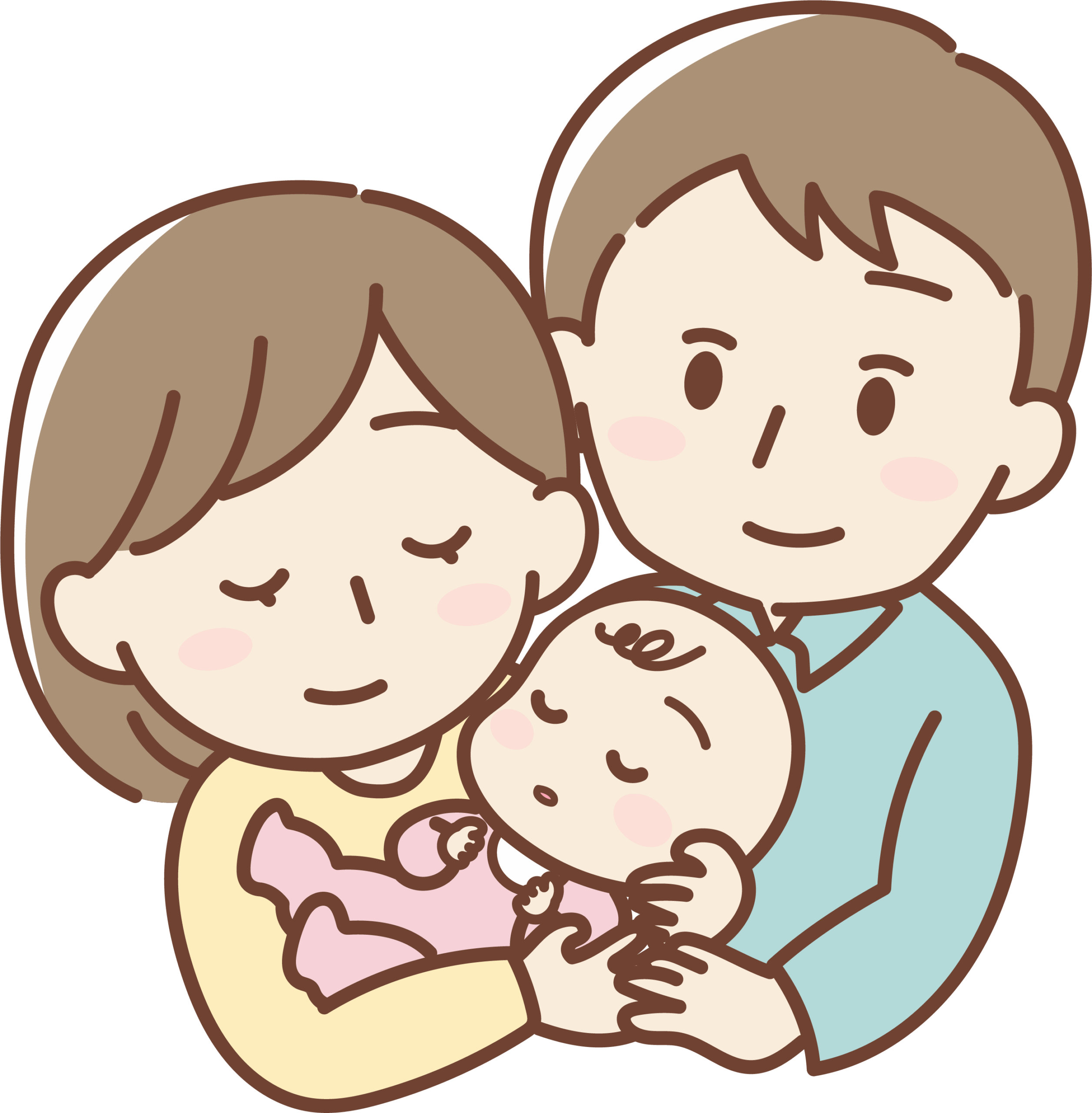 眠っている赤ちゃんを大切そうに抱きしめているママとパパのイラスト